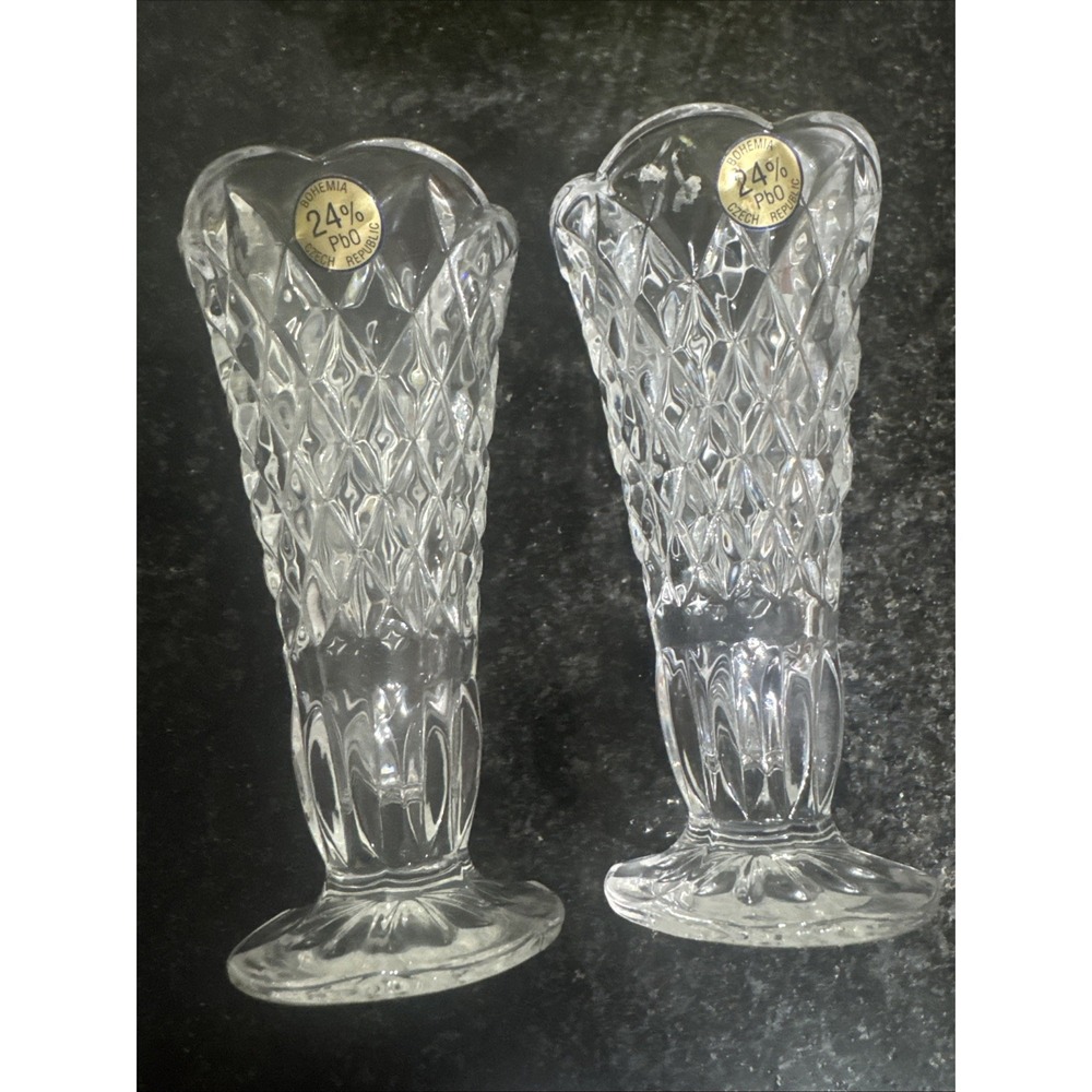 2 Vintage Bohemia Czech Republic 24% Lead Crystal Vase 4 1/2